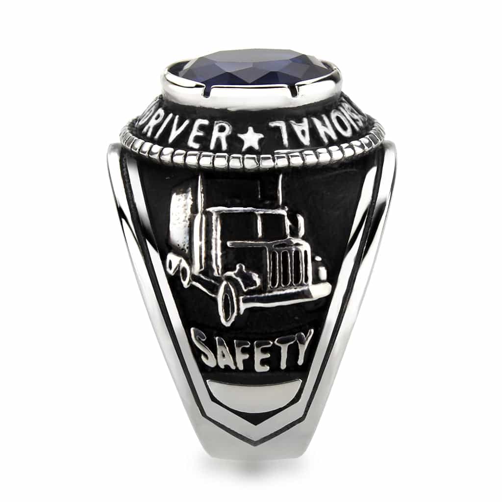 Stainless Steel Antiqued Silver Blue Sapphire CZ Oval Truck Ring view 11