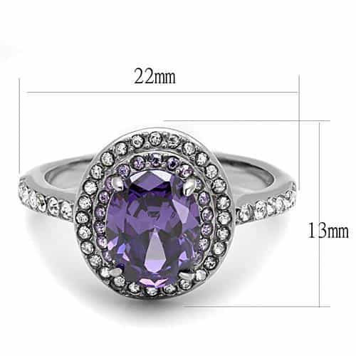 Stainless Steel Amethyst Purple CZ Oval Double Halo Pave Ring view 3