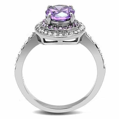 Stainless Steel Amethyst Purple CZ Oval Double Halo Pave Ring view 5