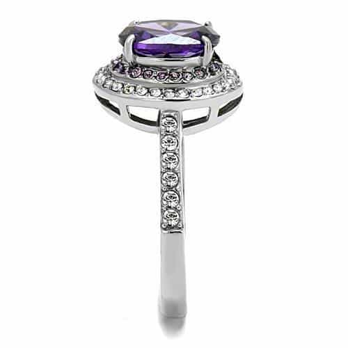 Stainless Steel Amethyst Purple CZ Oval Double Halo Pave Ring view 7