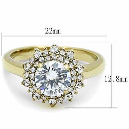 Stainless Steel Gold IP CZ Round Sunflower Halo Pave Ring view 3
