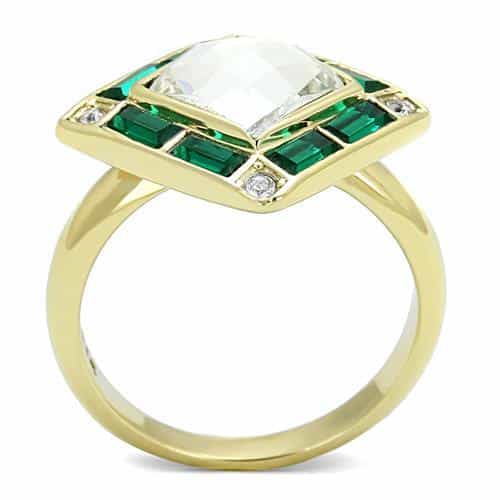 Stainless Steel Gold IP CZ Princess Emerald Green Baguette Ring view 5