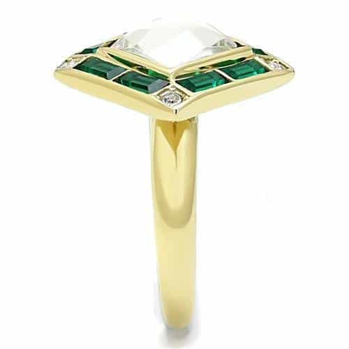 Stainless Steel Gold IP CZ Princess Emerald Green Baguette Ring view 7