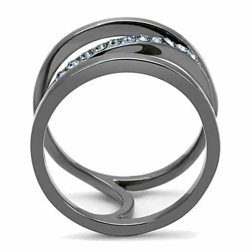 Stainless Steel Dark Gunmetal Aquamarine Blue Crystal Ring view 5