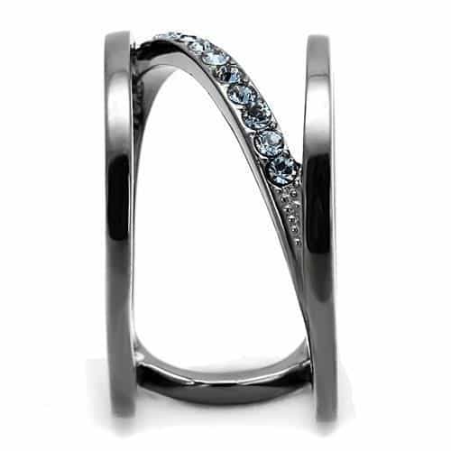 Stainless Steel Dark Gunmetal Aquamarine Blue Crystal Ring view 7