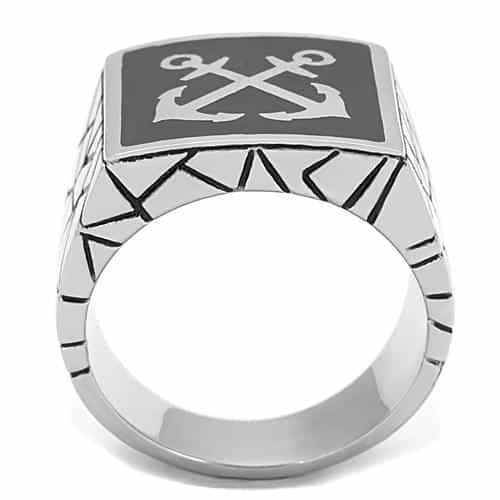 Stainless Steel Antiqued Silver Black Enamel Anchor Nautical Ring view 5