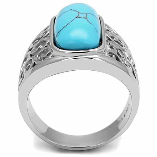 Stainless Steel Turquoise Cabochon Rectangle Filigree Scroll Ring view 5