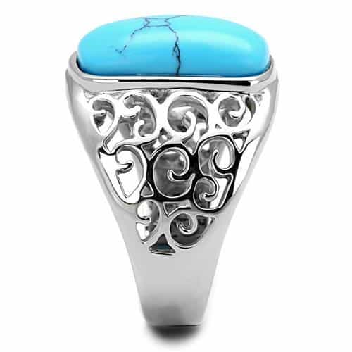 Stainless Steel Turquoise Cabochon Rectangle Filigree Scroll Ring view 7