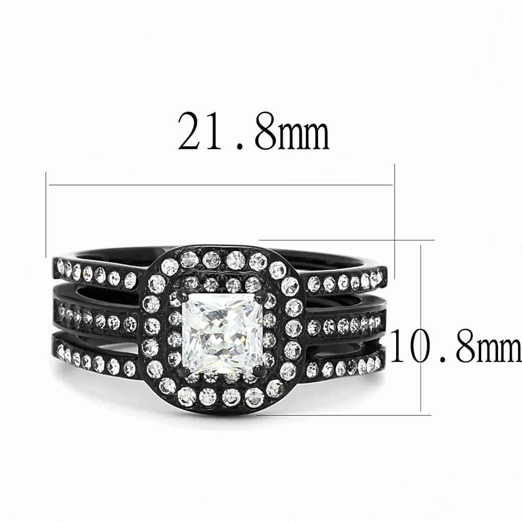 Stainless Steel Dark Gunmetal CZ Princess Halo Pave Bridal Ring view 3