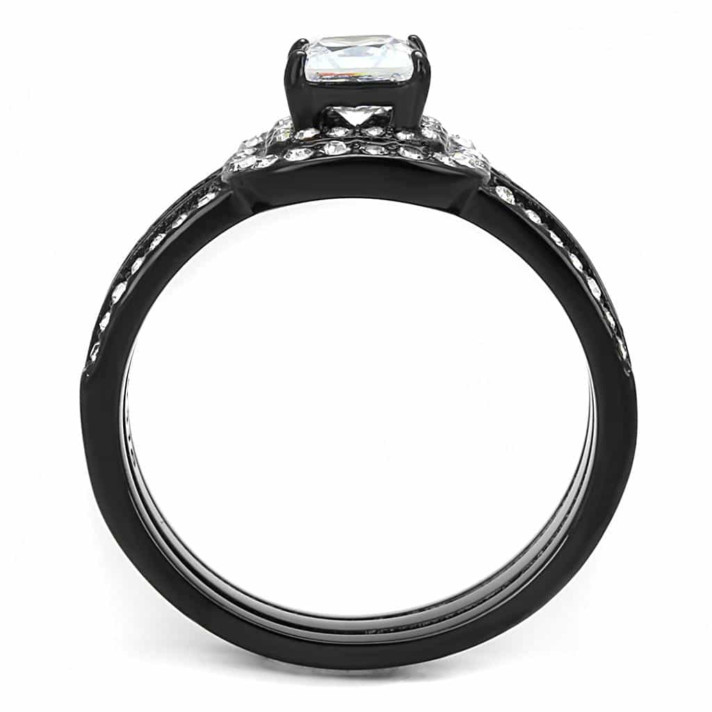 Stainless Steel Dark Gunmetal CZ Princess Halo Pave Bridal Ring view 5