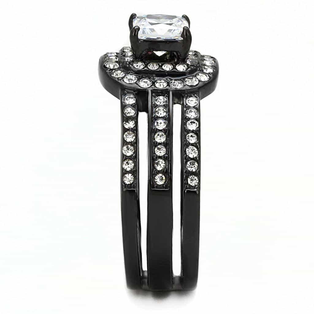 Stainless Steel Dark Gunmetal CZ Princess Halo Pave Bridal Ring view 7