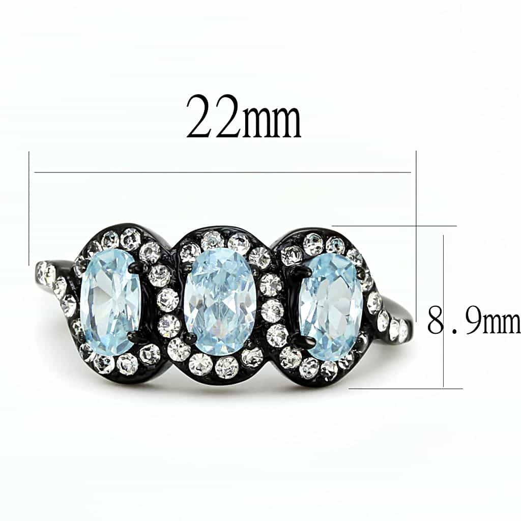Stainless Steel Dark Gunmetal Aquamarine Blue CZ Oval Three Ring view 3
