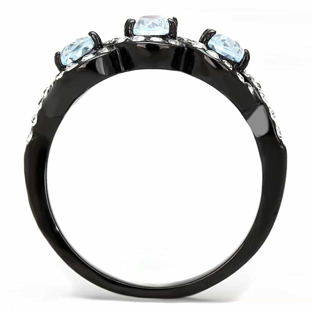 Stainless Steel Dark Gunmetal Aquamarine Blue CZ Oval Three Ring view 5