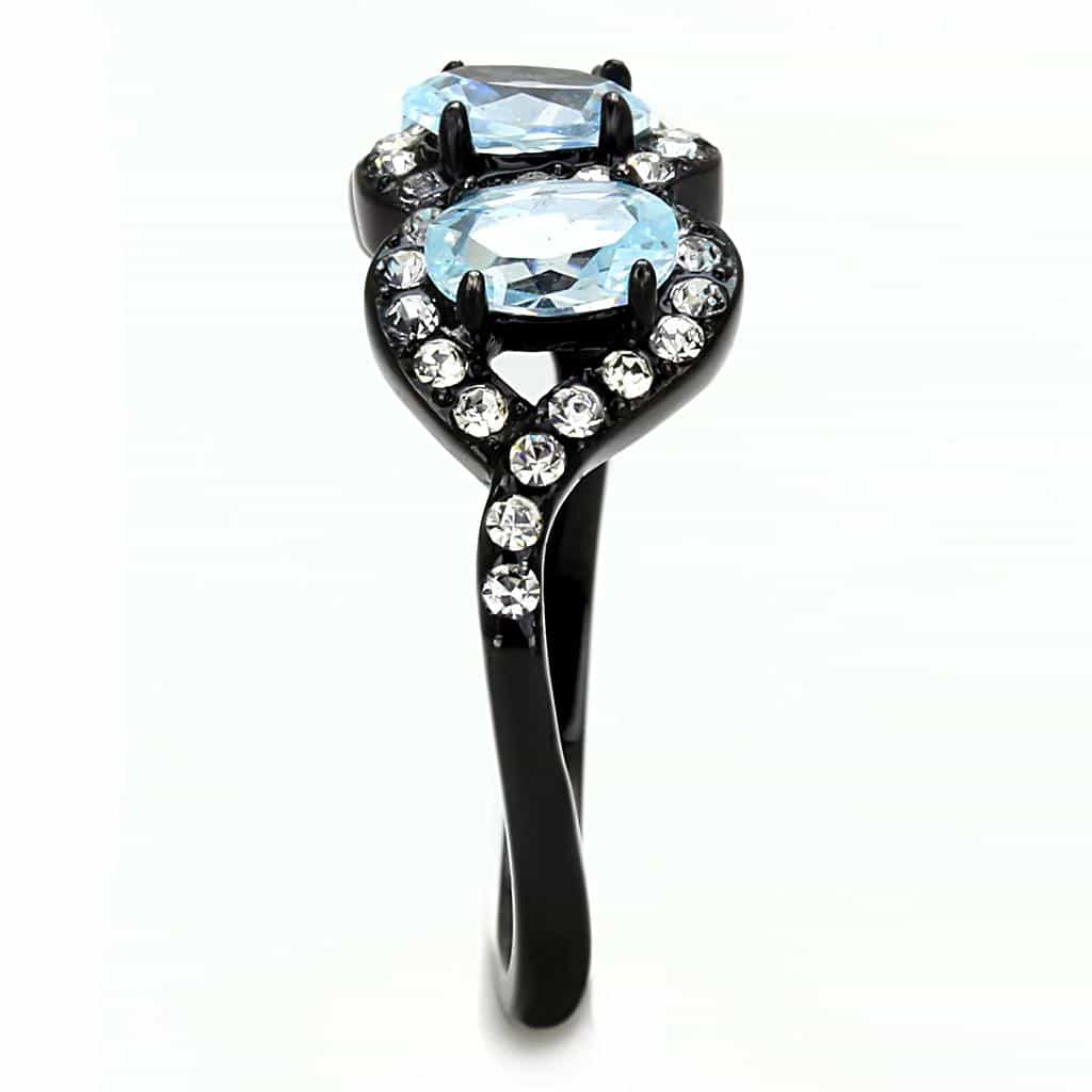 Stainless Steel Dark Gunmetal Aquamarine Blue CZ Oval Three Ring view 7
