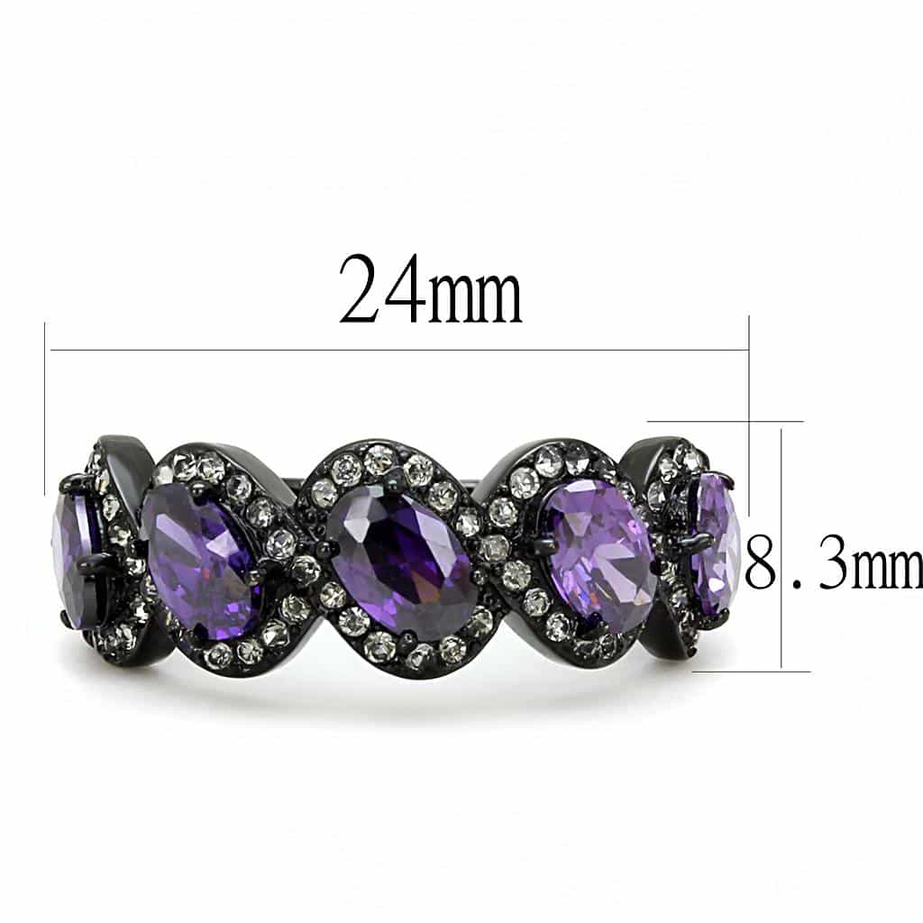 Stainless Steel Dark Gunmetal Amethyst Purple CZ Oval Pave Ring view 3
