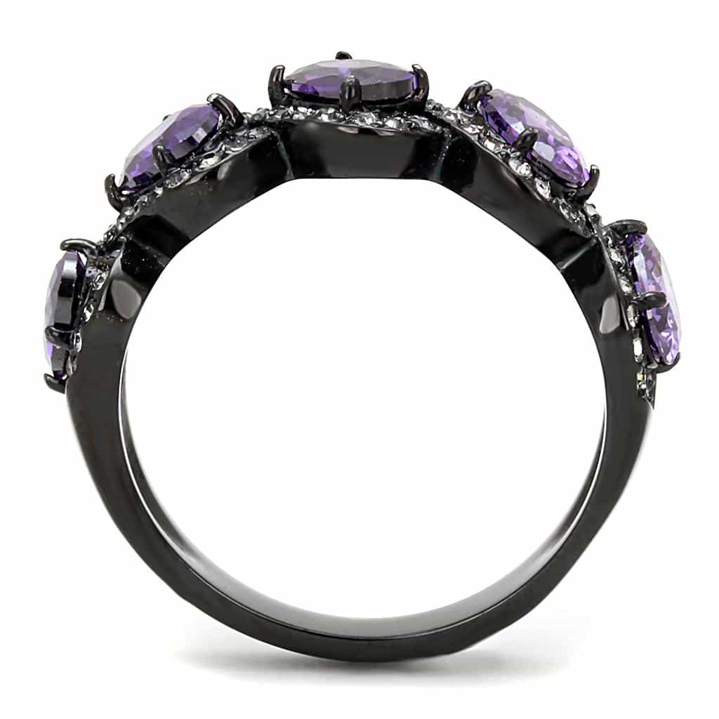 Stainless Steel Dark Gunmetal Amethyst Purple CZ Oval Pave Ring view 5