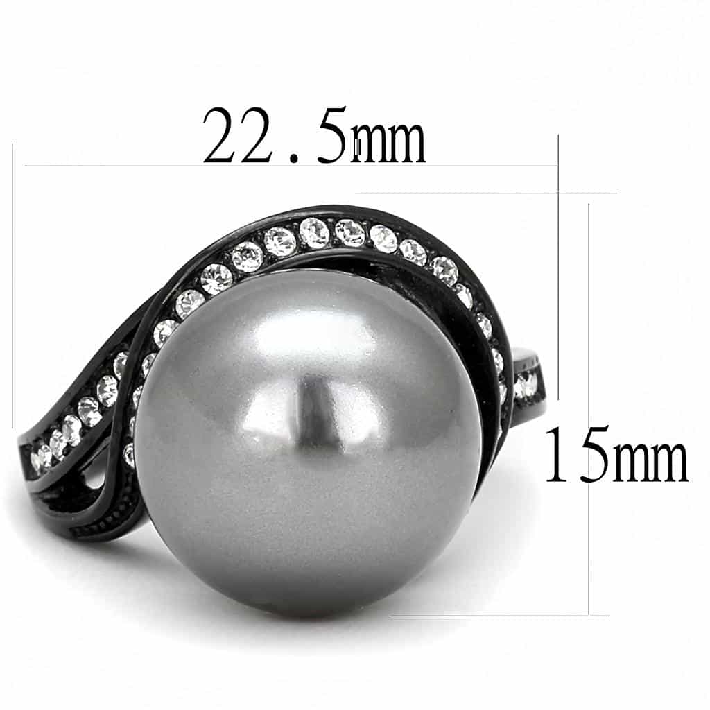 Stainless Steel Dark Gunmetal Gray Pearl CZ Pave Swirl Ring view 3
