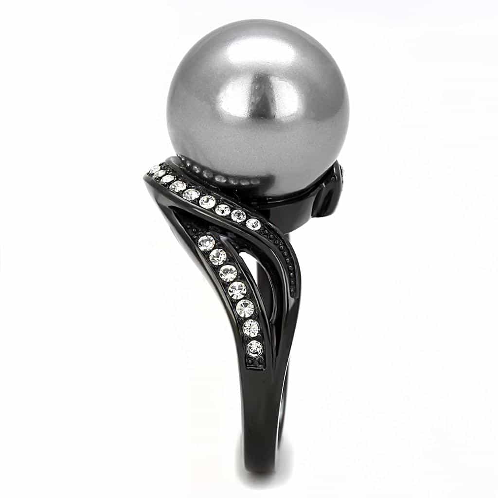 Stainless Steel Dark Gunmetal Gray Pearl CZ Pave Swirl Ring view 7
