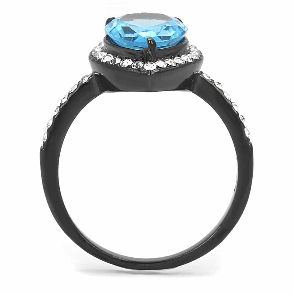 Stainless Steel Dark Gunmetal Aquamarine Blue CZ Pear Halo Ring view 5
