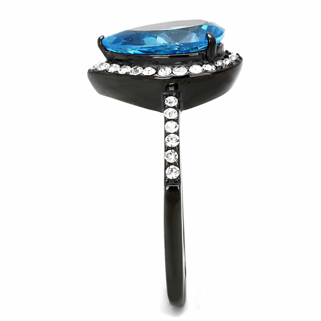 Stainless Steel Dark Gunmetal Aquamarine Blue CZ Pear Halo Ring view 7