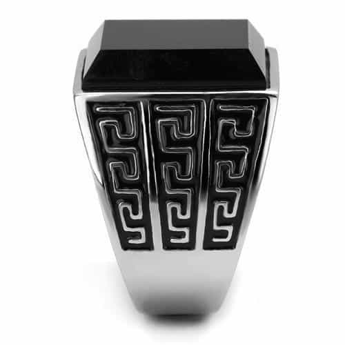 Stainless Steel Black Onyx Square Greek Key Signet Ring view 7