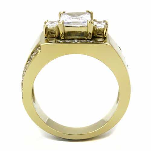 Stainless Steel Gold IP CZ Princess Square Halo Pave Ring view 5