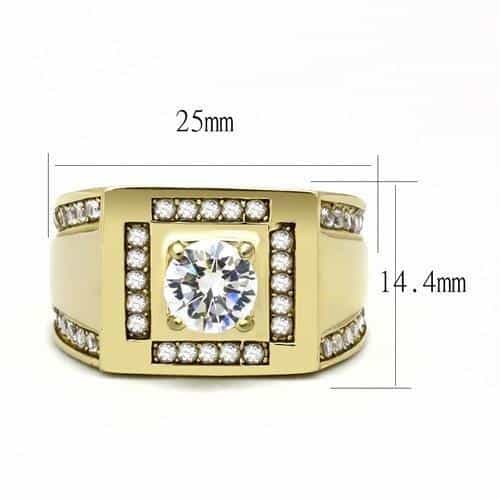 Stainless Steel Gold IP CZ Round Square Double Halo Greek Ring view 3