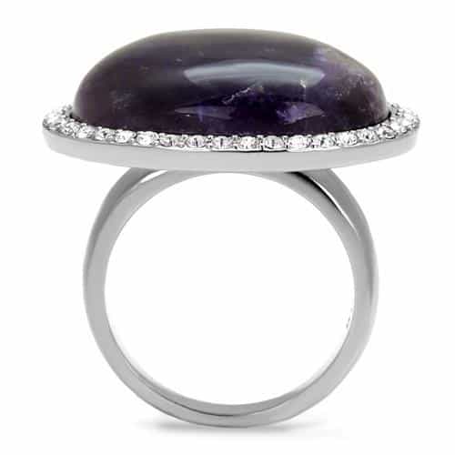 Stainless Steel Amethyst Purple Cabochon Oval CZ Halo Ring view 5