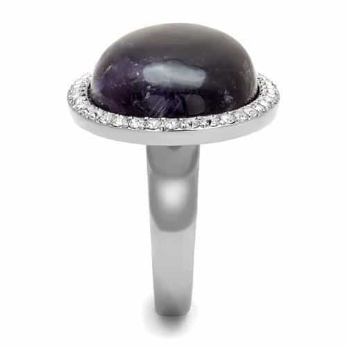 Stainless Steel Amethyst Purple Cabochon Oval CZ Halo Ring view 7