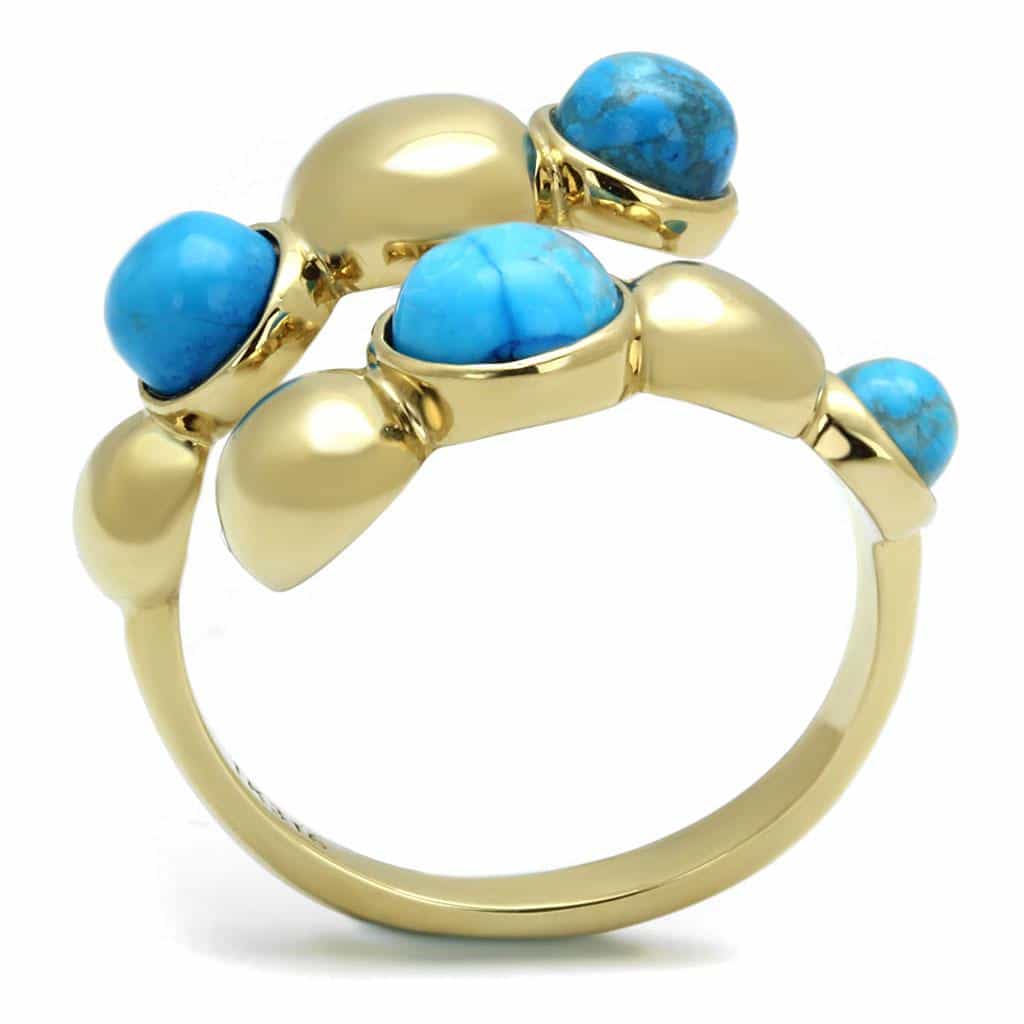 Stainless Steel Gold IP Turquoise Cabochon Double Bead Open Ring view 5