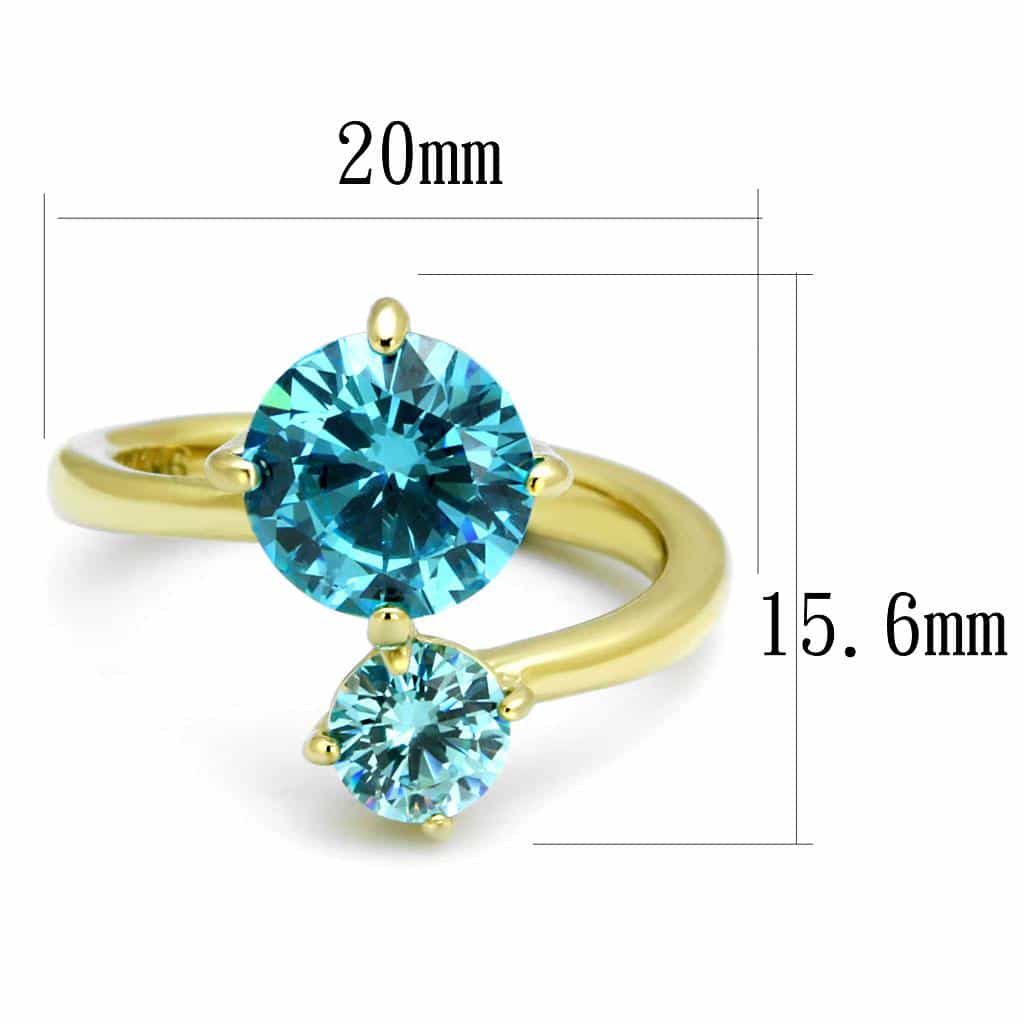 Stainless Steel Gold IP Aquamarine Blue CZ Round Double Ring view 3