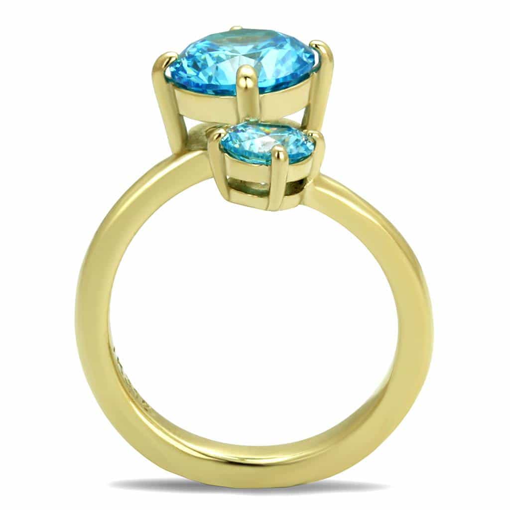 Stainless Steel Gold IP Aquamarine Blue CZ Round Double Ring view 5