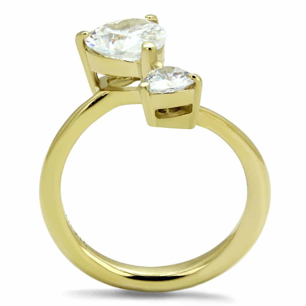 Stainless Steel Gold IP CZ Heart Double Solitaire Ring view 5
