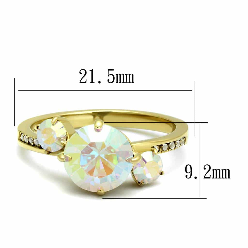 Stainless Steel Gold IP Aurora Borealis CZ Round Three Stone Ring view 3