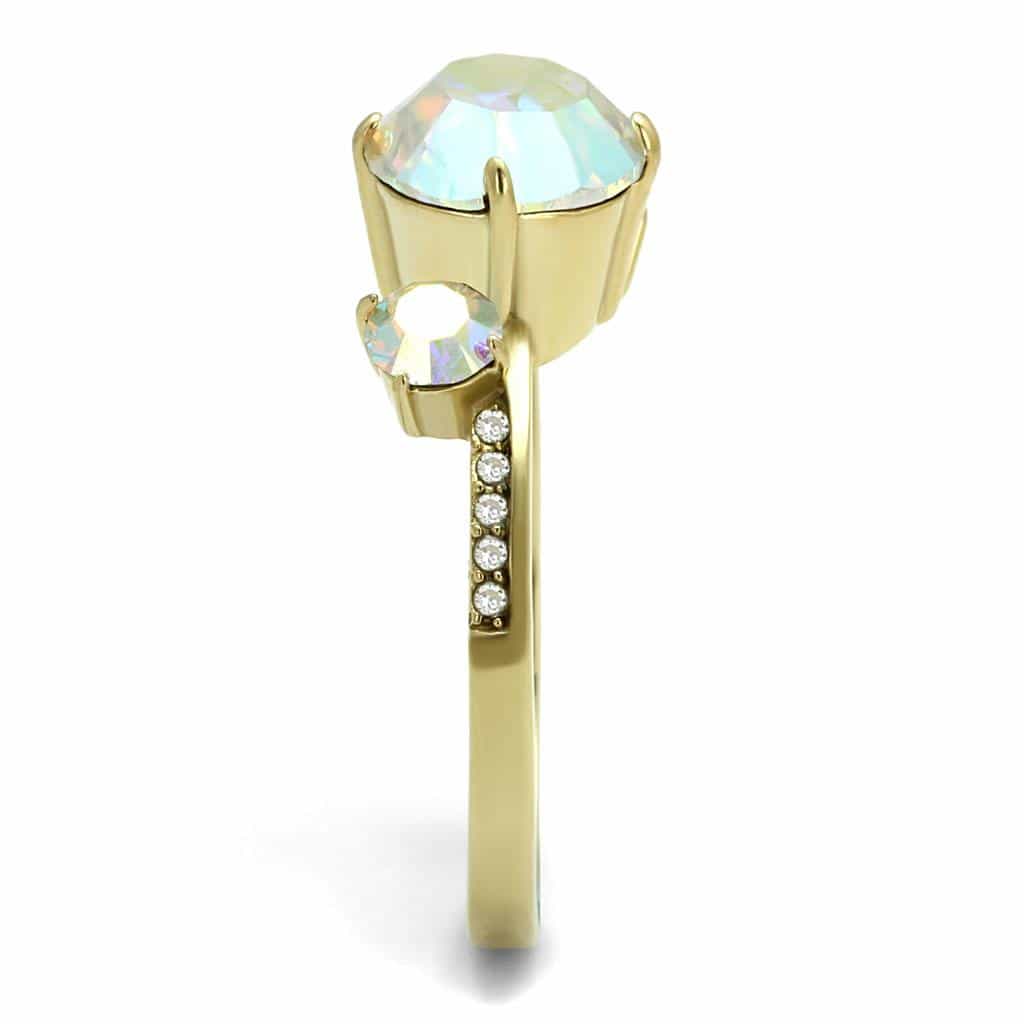 Stainless Steel Gold IP Aurora Borealis CZ Round Three Stone Ring view 7