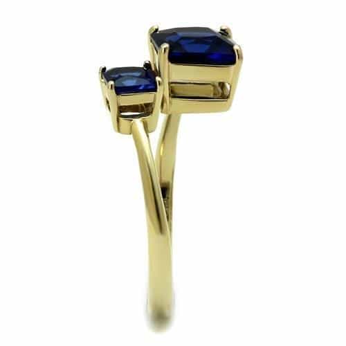 Stainless Steel Gold IP Blue Sapphire Emerald Cut Double Ring view 7