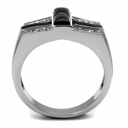 Stainless Steel Black Onyx CZ Pave Geometric Block Mens Ring view 5