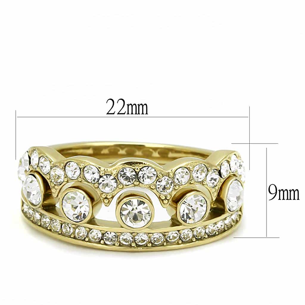 Stainless Steel Gold IP CZ Round Bezel Crown Tiara Stack Ring view 3