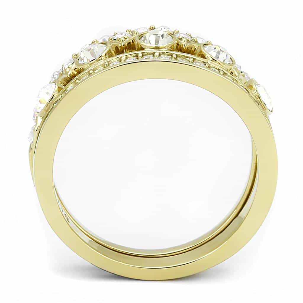 Stainless Steel Gold IP CZ Round Bezel Crown Tiara Stack Ring view 5