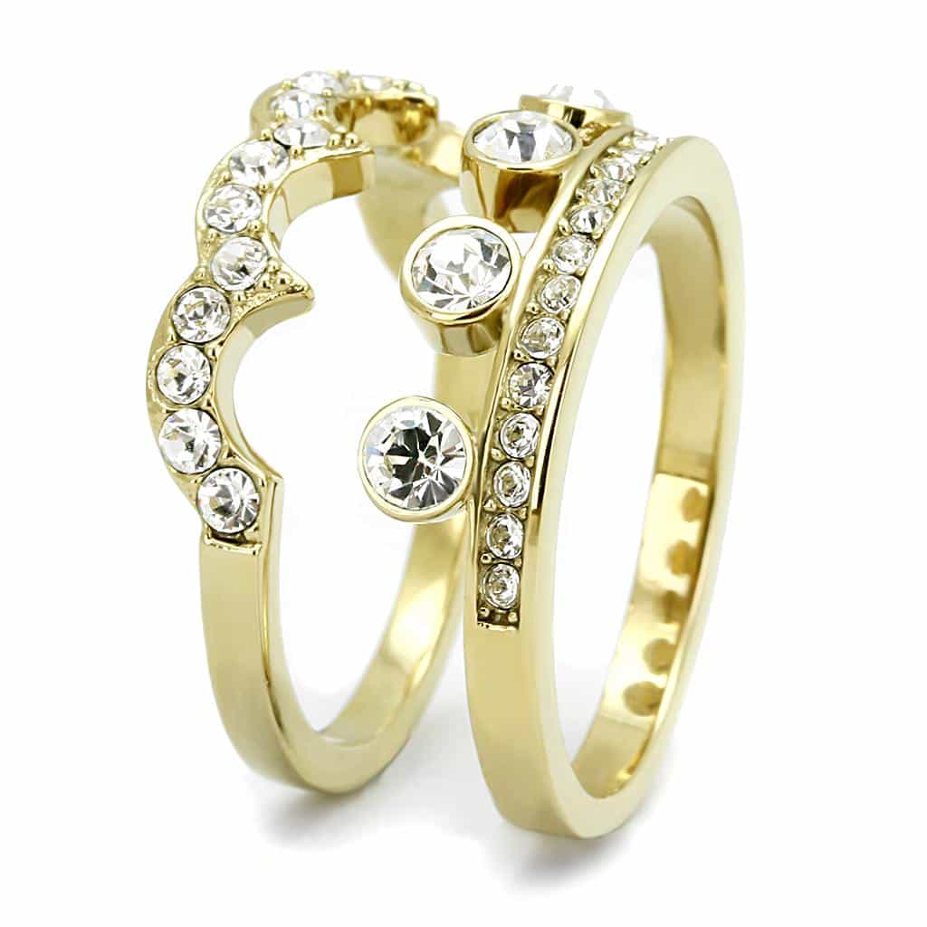 Stainless Steel Gold IP CZ Round Bezel Crown Tiara Stack Ring view 7