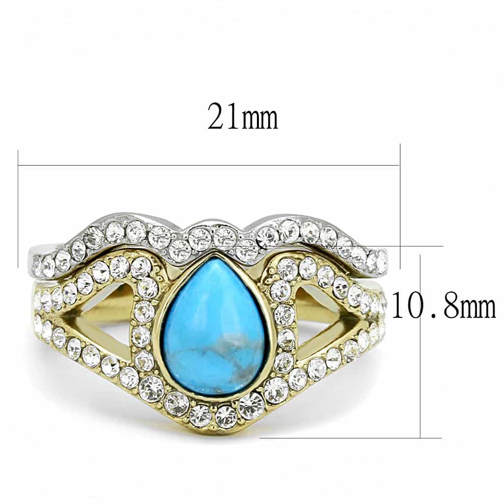 Stainless Steel Turquoise Pear CZ Halo Split Shank Two-Tone Ring view 3