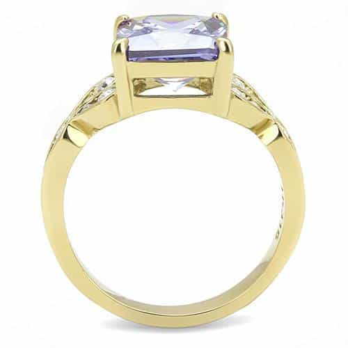 Stainless Steel Gold IP Light Amethyst Emerald Cut CZ Scroll Ring view 5