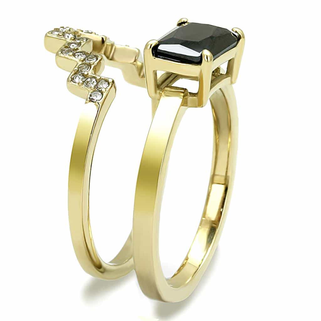 Stainless Steel Gold IP Black Onyx Emerald Cut CZ Geometric Ring view 7