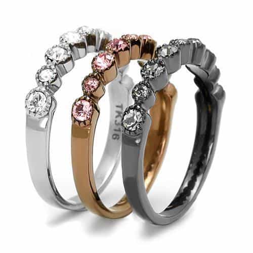 Stainless Steel Tri-Tone Rose Gold Silver CZ Scallop Wave Ring view 7