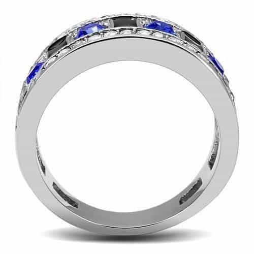 Stainless Steel Blue Sapphire CZ Channel Black Enamel Wide Ring view 5