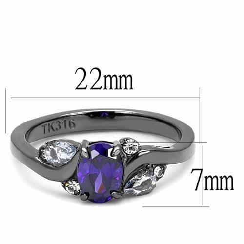 Stainless Steel Black IP Amethyst Purple Oval CZ Pear Three Ring view 3