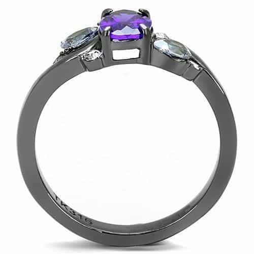 Stainless Steel Black IP Amethyst Purple Oval CZ Pear Three Ring view 5
