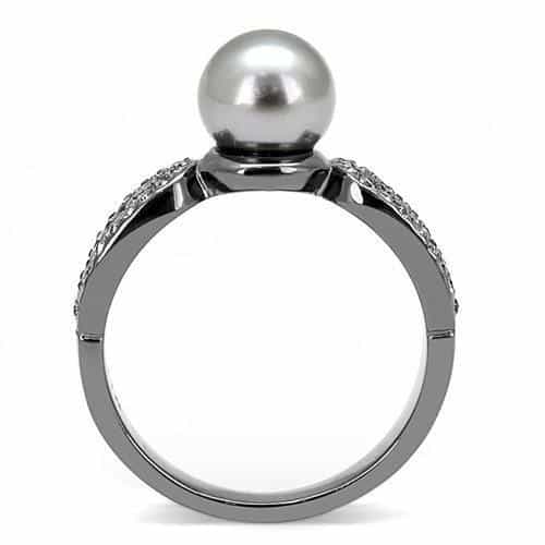 Stainless Steel Black IP Gray Pearl CZ Pave Leaf Bypass Ring view 5