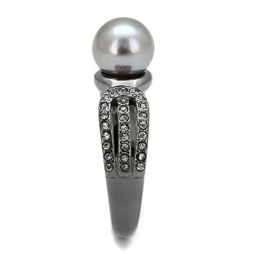 Stainless Steel Black IP Gray Pearl CZ Pave Leaf Bypass Ring view 7