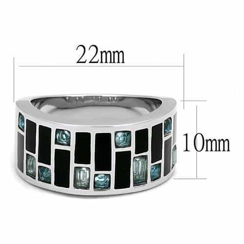Stainless Steel Light Blue Topaz CZ Black Enamel Mosaic Grid Ring view 3